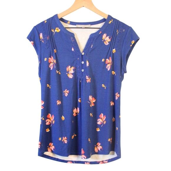 Daniel Rainn Women’s Small Blue Floral Blouse Short Sleeve Split Neck Top - Picture 1 of 8